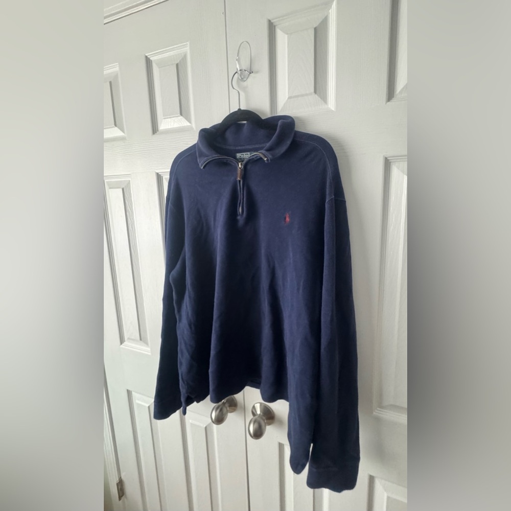 Vintage Polo Ralph Lauren Navy & Brown Leather Quarter Zip Sweater XL (1/4 zip)